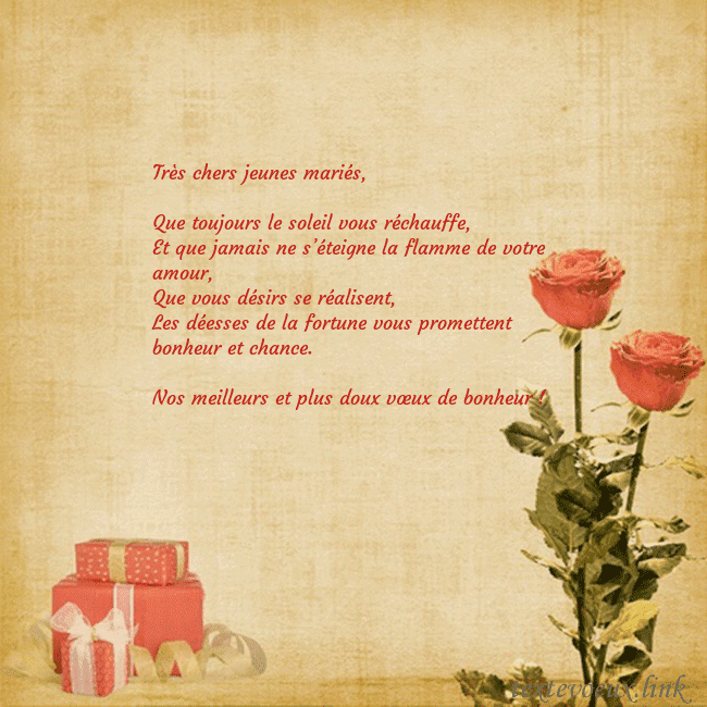 Carte de vœux avec roses et cadeaux Très chers jeunes mariés,
Que toujours le soleil Carte de vœux avec roses et cadeaux