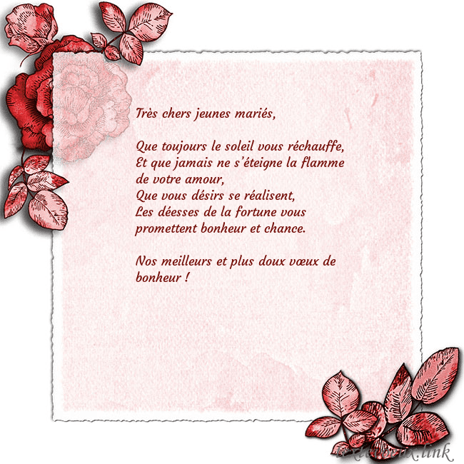 Carte de voeux avec des roses dans les coins Très chers jeunes mariés,
Que toujours le soleil Carte de voeux avec des roses dans les coins