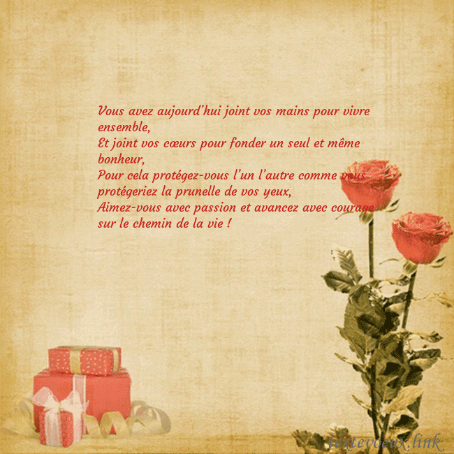 Carte de vœux avec roses et cadeaux Vous avez aujourd’hui joint vos mains pour vivre e Carte de vœux avec roses et cadeaux