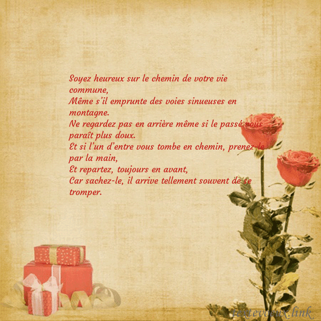 Carte de vœux avec roses et cadeaux Soyez heureux sur le chemin de votre vie commune,
Carte de vœux avec roses et cadeaux