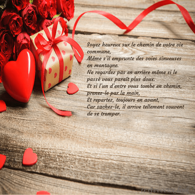 Carte de vœux avec coeur rouge et cadeau Soyez heureux sur le chemin de votre vie commune,
Carte de vœux avec coeur rouge et cadeau
