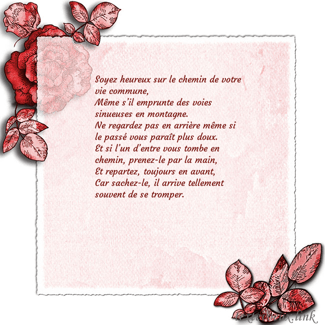 Carte de voeux avec des roses dans les coins Soyez heureux sur le chemin de votre vie commune,
Carte de voeux avec des roses dans les coins