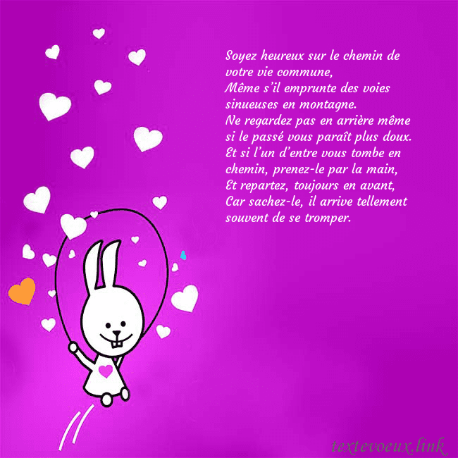Carte de voeux avec un drôle de lapin Soyez heureux sur le chemin de votre vie commune,
Carte de voeux avec un drôle de lapin