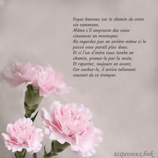 Carte de voeux avec oeillets roses Soyez heureux sur le chemin de votre vie commune,
Carte de voeux avec oeillets roses