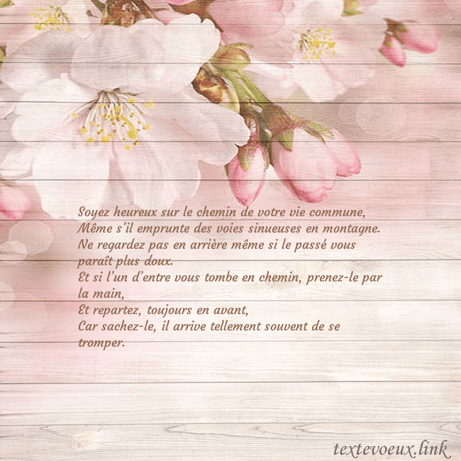 Carte de voeux avec des fleurs de pommier Soyez heureux sur le chemin de votre vie commune,
Carte de voeux avec des fleurs de pommier