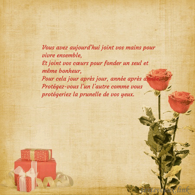 Carte de vœux avec roses et cadeaux Vous avez aujourd’hui joint vos mains pour vivre e Carte de vœux avec roses et cadeaux