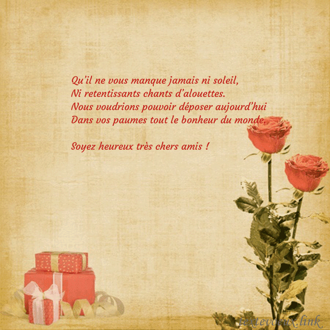 Carte de vœux avec roses et cadeaux Qu’il ne vous manque jamais ni soleil,
Ni retentis Carte de vœux avec roses et cadeaux
