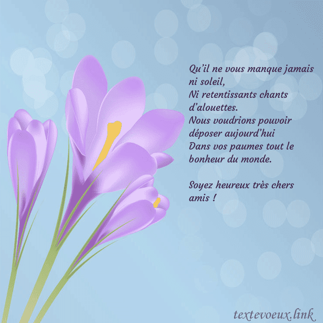 Cartes de vœux avec crocus Qu’il ne vous manque jamais ni soleil,
Ni retentis Cartes de vœux avec crocus