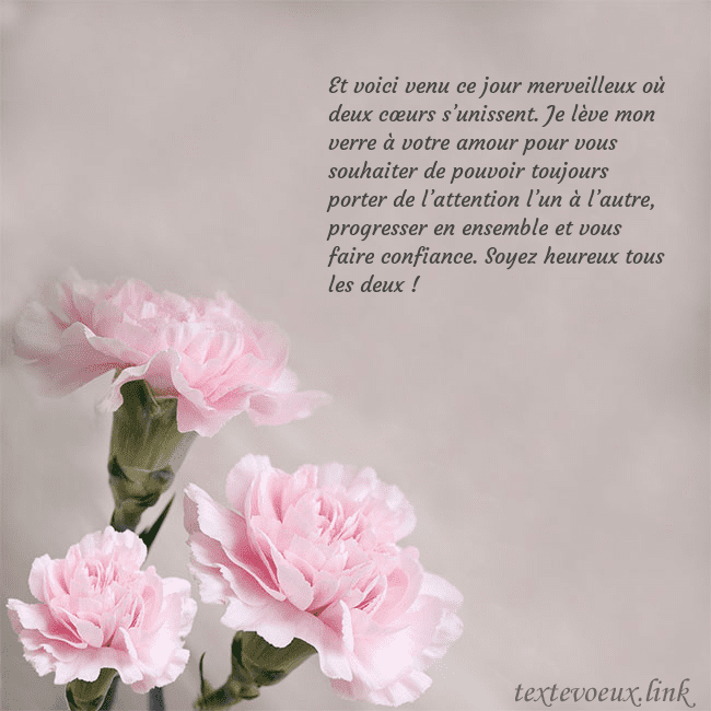 Carte de voeux avec oeillets roses Et voici venu ce jour merveilleux où deux cœurs s’ Carte de voeux avec oeillets roses