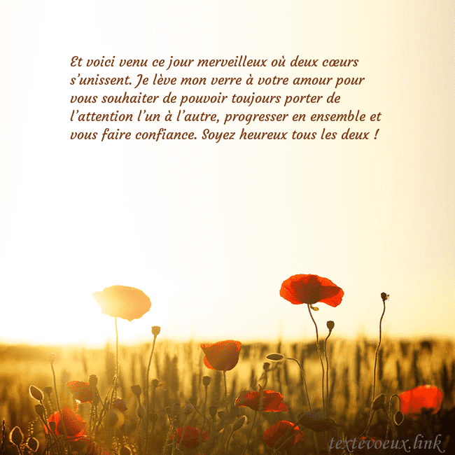 Carte postale électronique avec soleil et champ de coquelicots Et voici venu ce jour merveilleux où deux cœurs s’ Carte postale électronique avec soleil et champ de coquelicots
