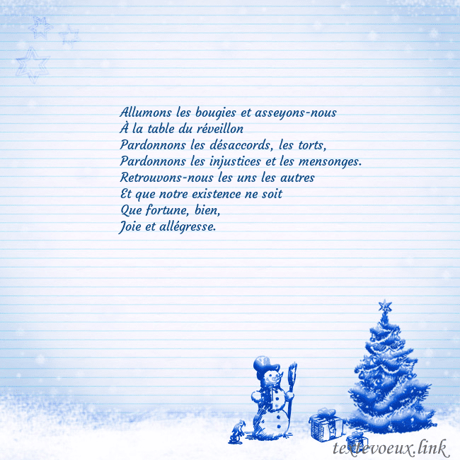 Carte postale du Nouvel An avec un arbre de Noël bleu et un bonhomme de neige Allumons les bougies et asseyons-nous
À la table d Carte postale du Nouvel An avec un arbre de Noël bleu et un bonhomme de neige