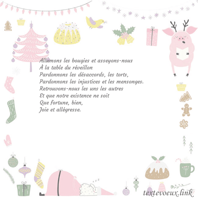 Carte postale du nouvel an avec un cochon Allumons les bougies et asseyons-nous
À la table d Carte postale du nouvel an avec un cochon