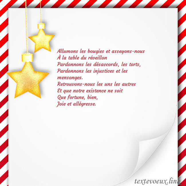 Carte de Noël avec des étoiles d'or Allumons les bougies et asseyons-nous
À la table d Carte de Noël avec des étoiles d'or
