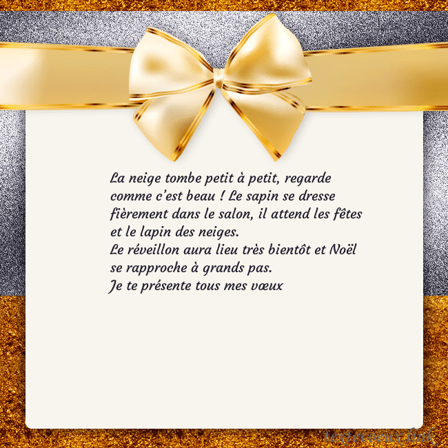 Cartes de vœux avec un grand ruban d'or La neige tombe petit à petit, regarde comme c’est Cartes de vœux avec un grand ruban d'or