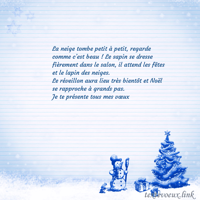 Carte postale du Nouvel An avec un arbre de Noël bleu et un bonhomme de neige La neige tombe petit à petit, regarde comme c’est Carte postale du Nouvel An avec un arbre de Noël bleu et un bonhomme de neige