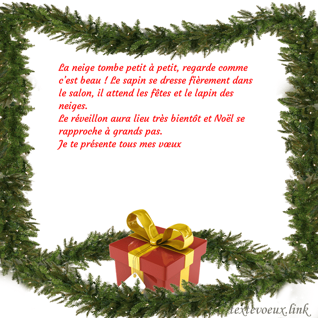 Carte postale avec des branches d'épinette et un cadeau La neige tombe petit à petit, regarde comme c’est Carte postale avec des branches d'épinette et un cadeau