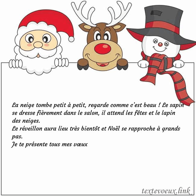Carte de vœux avec le père Noël, le cerf et le bonhomme de neige La neige tombe petit à petit, regarde comme c’est Carte de vœux avec le père Noël, le cerf et le bonhomme de neige