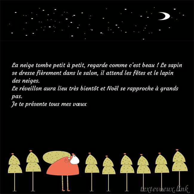 Carte de vœux avec le père Noël et les arbres de Noël La neige tombe petit à petit, regarde comme c’est Carte de vœux avec le père Noël et les arbres de Noël