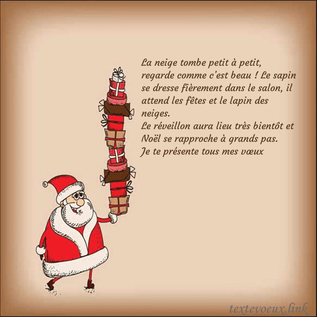 Carte de vœux avec le Père Noël et les cadeaux La neige tombe petit à petit, regarde comme c’est Carte de vœux avec le Père Noël et les cadeaux
