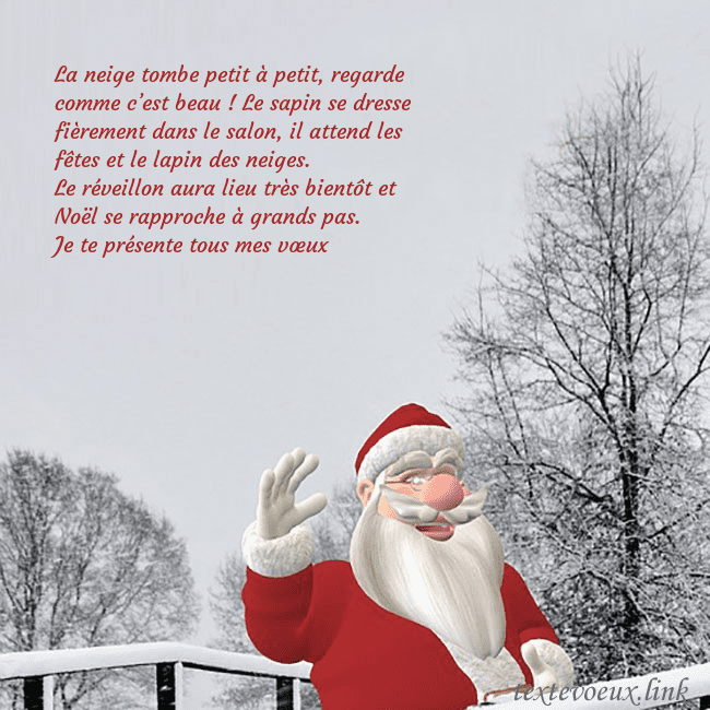 Carte postale avec le Père Noël et les arbres enneigés La neige tombe petit à petit, regarde comme c’est Carte postale avec le Père Noël et les arbres enneigés