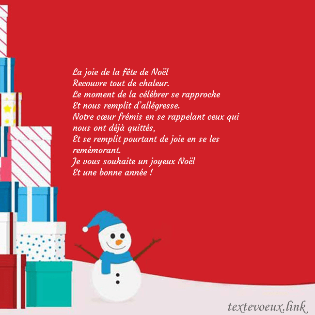 Carte de vœux avec bonhomme de neige et cadeaux La joie de la fête de Noël
Recouvre tout de chale Carte de vœux avec bonhomme de neige et cadeaux