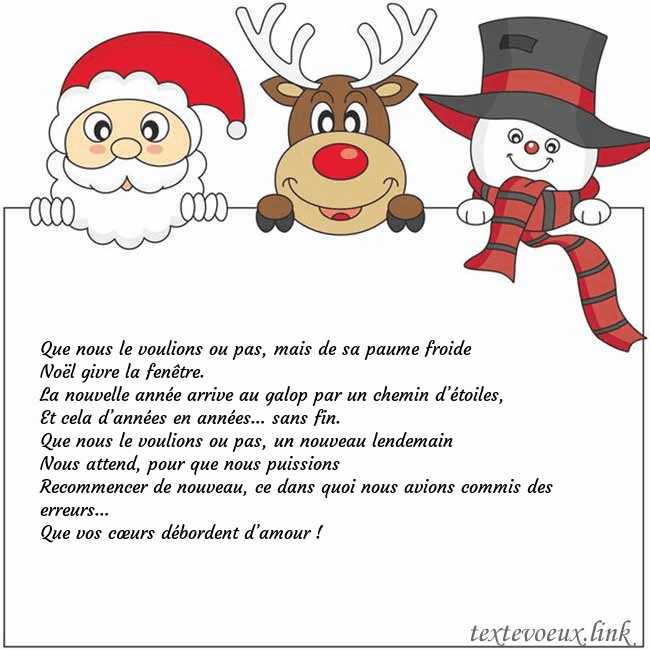 Carte de vœux avec le père Noël, le cerf et le bonhomme de neige Que nous le voulions ou pas, mais de sa paume froi Carte de vœux avec le père Noël, le cerf et le bonhomme de neige