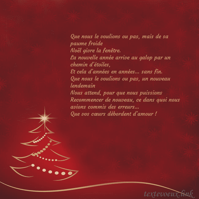 Carte de Noël rouge avec sapin de Noël doré Que nous le voulions ou pas, mais de sa paume froi Carte de Noël rouge avec sapin de Noël doré