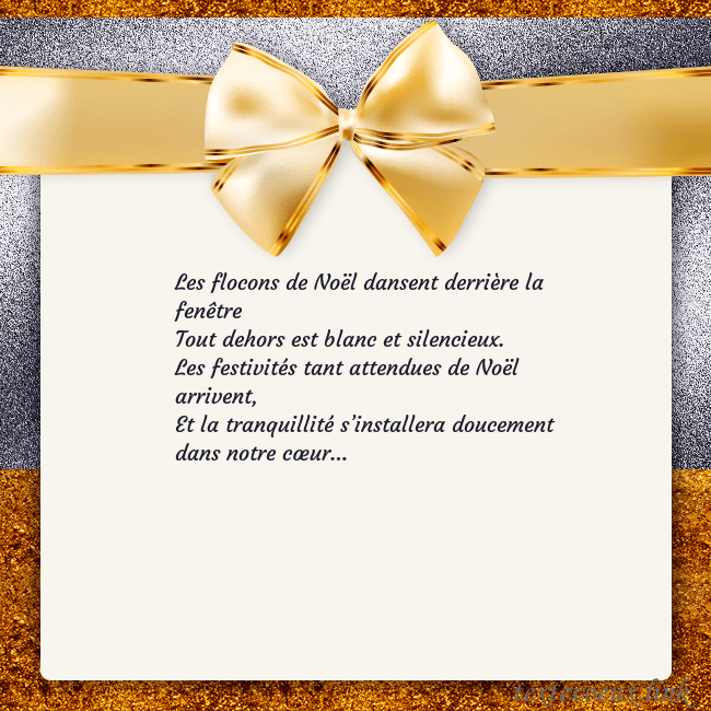 Cartes de vœux avec un grand ruban d'or Les flocons de Noël dansent derrière la fenêtre
To Cartes de vœux avec un grand ruban d'or