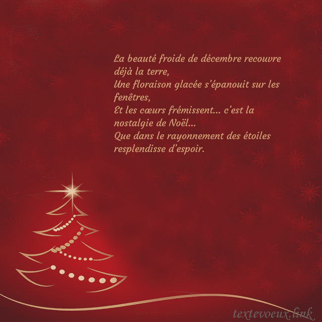 Carte de Noël rouge avec sapin de Noël doré La beauté froide de décembre recouvre déjà la terr Carte de Noël rouge avec sapin de Noël doré