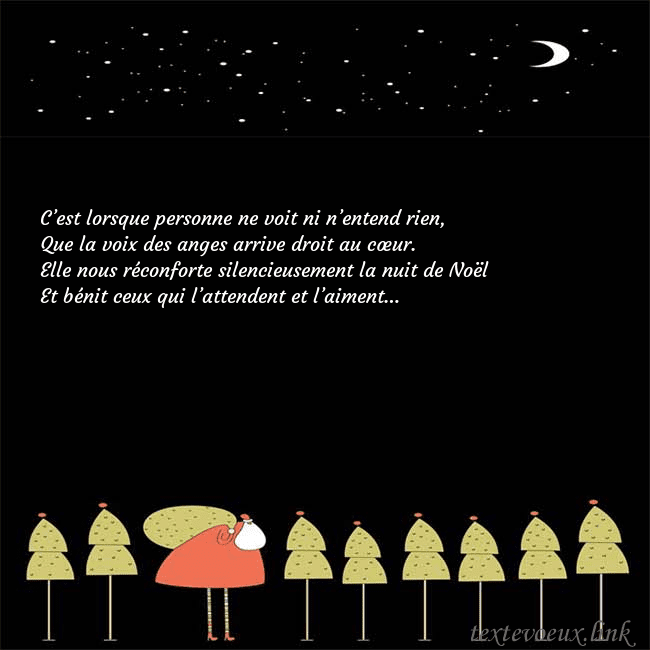 Carte de vœux avec le père Noël et les arbres de Noël C’est lorsque personne ne voit ni n’entend rien,
Q Carte de vœux avec le père Noël et les arbres de Noël