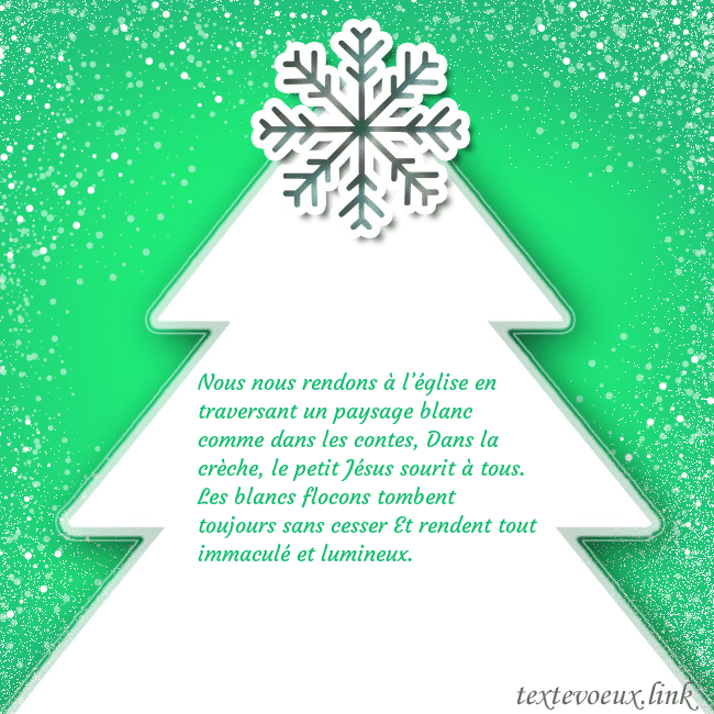 Carte postale avec un grand sapin de Noël blanc sur fond vert Nous nous rendons à l’église en traversant un pays Carte postale avec un grand sapin de Noël blanc sur fond vert