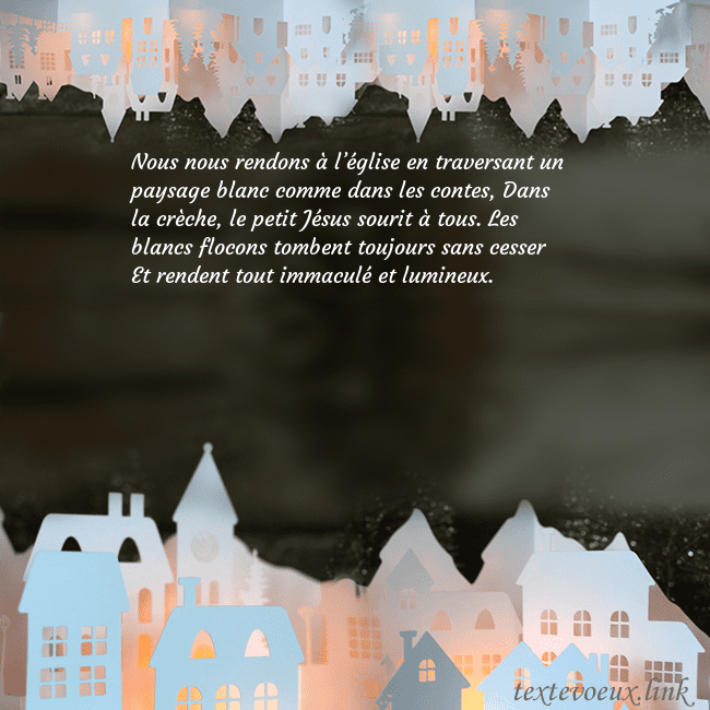 Carte postale du Nouvel An avec une ville rayonnante Nous nous rendons à l’église en traversant un pays Carte postale du Nouvel An avec une ville rayonnante