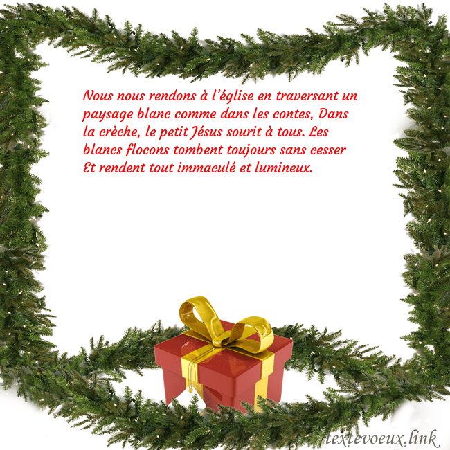 Carte postale avec des branches d'épinette et un cadeau Nous nous rendons à l’église en traversant un pays Carte postale avec des branches d'épinette et un cadeau