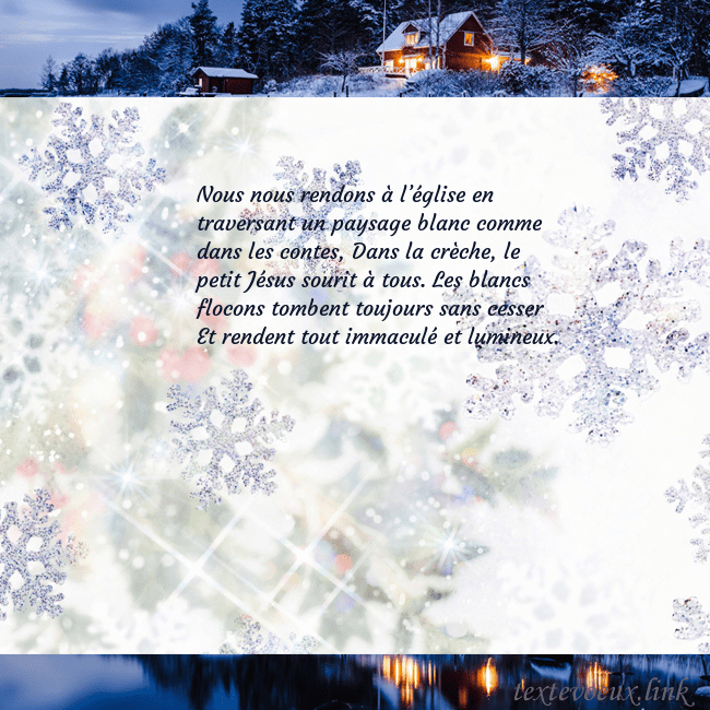 Carte postale avec village et flocons de neige Nous nous rendons à l’église en traversant un pays Carte postale avec village et flocons de neige