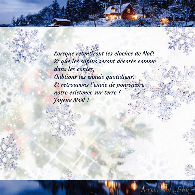 Carte postale avec village et flocons de neige Lorsque retentiront les cloches de Noël
Et que les Carte postale avec village et flocons de neige