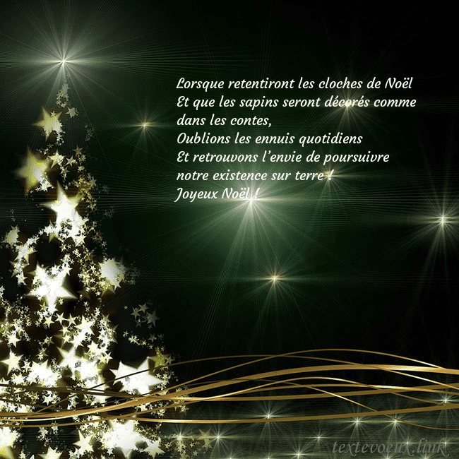 Une carte de Noël verte avec un sapin de Noël scintillant d'or Lorsque retentiront les cloches de Noël
Et que les Une carte de Noël verte avec un sapin de Noël scintillant d'or