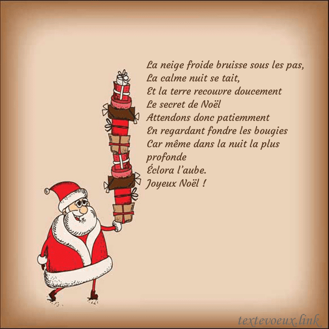 Carte de vœux avec le Père Noël et les cadeaux La neige froide bruisse sous les pas,
La calme nui Carte de vœux avec le Père Noël et les cadeaux