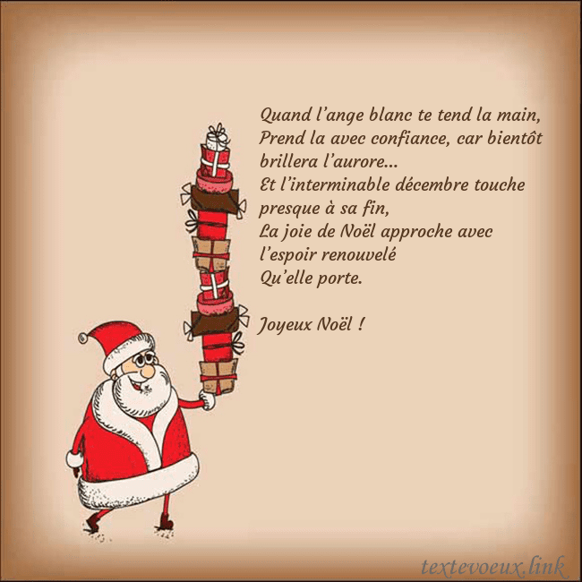 Carte de vœux avec le Père Noël et les cadeaux Quand l’ange blanc te tend la main,
Prend la avec Carte de vœux avec le Père Noël et les cadeaux