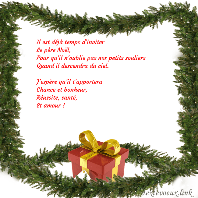 Carte postale avec des branches d'épinette et un cadeau Il est déjà temps d’inviter
Le père Noël,
Pour qu Carte postale avec des branches d'épinette et un cadeau