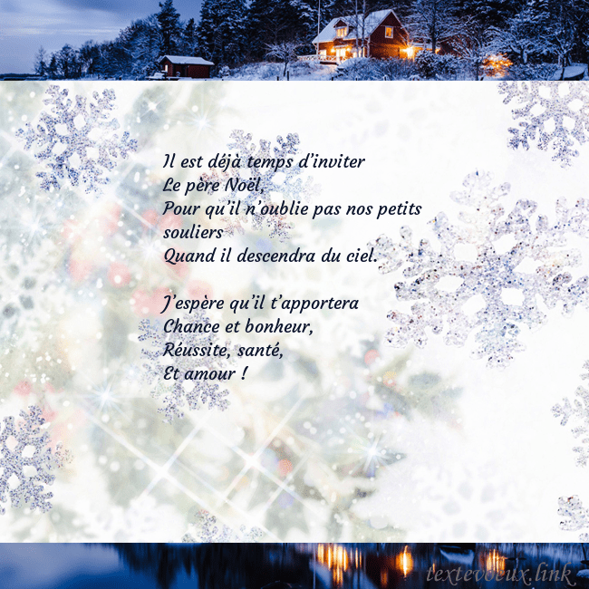 Carte postale avec village et flocons de neige Il est déjà temps d’inviter
Le père Noël,
Pour qu Carte postale avec village et flocons de neige