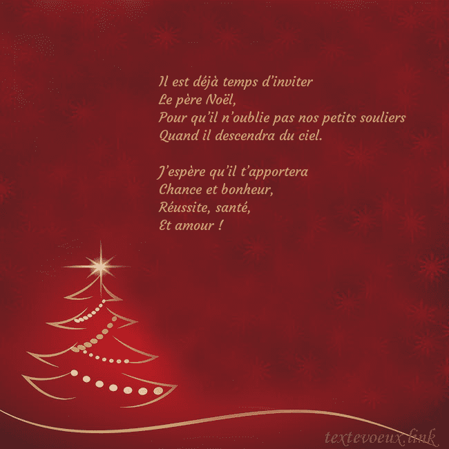 Carte de Noël rouge avec sapin de Noël doré Il est déjà temps d’inviter
Le père Noël,
Pour qu Carte de Noël rouge avec sapin de Noël doré