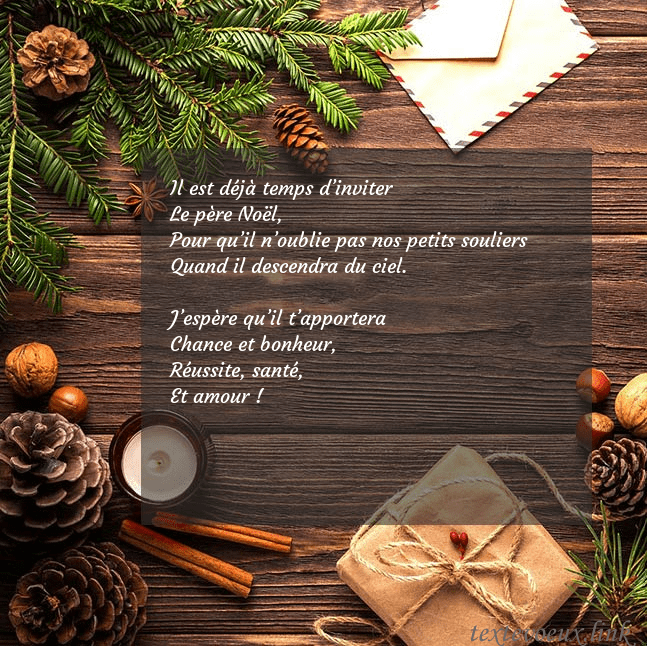 Carte de Noël avec pommes de pin et branche de sapin Il est déjà temps d’inviter
Le père Noël,
Pour qu Carte de Noël avec pommes de pin et branche de sapin