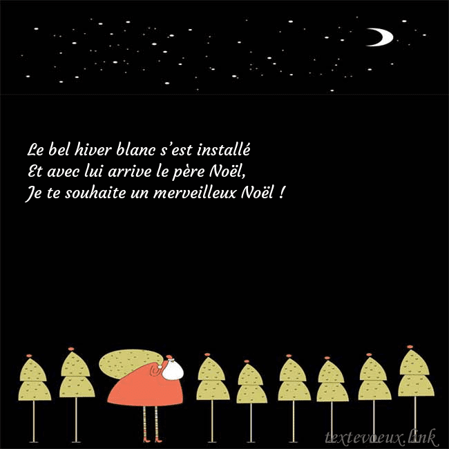 Carte de vœux avec le père Noël et les arbres de Noël Le bel hiver blanc s’est installé
Et avec lui arri Carte de vœux avec le père Noël et les arbres de Noël