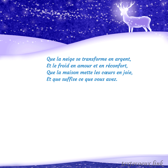 Carte de vœux avec de la neige et un cerf brillant Que la neige se transforme en argent,
Et le froid Carte de vœux avec de la neige et un cerf brillant