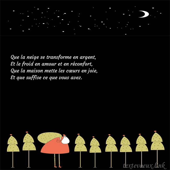 Carte de vœux avec le père Noël et les arbres de Noël Que la neige se transforme en argent,
Et le froid Carte de vœux avec le père Noël et les arbres de Noël