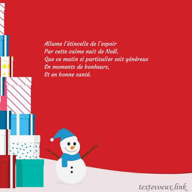 Carte de vœux avec bonhomme de neige et cadeaux Allume l’étincelle de l’espoir
Par cette calme nui Carte de vœux avec bonhomme de neige et cadeaux