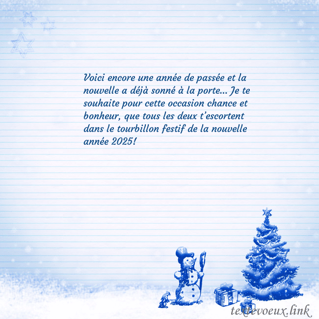 Carte postale du Nouvel An avec un arbre de Noël bleu et un bonhomme de neige Voici encore une année de passée et la nouvelle a Carte postale du Nouvel An avec un arbre de Noël bleu et un bonhomme de neige