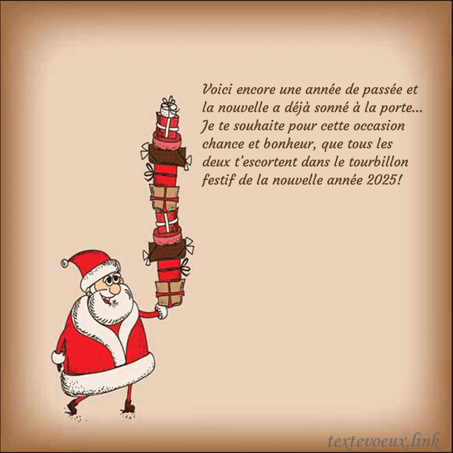 Carte de vœux avec le Père Noël et les cadeaux Voici encore une année de passée et la nouvelle a Carte de vœux avec le Père Noël et les cadeaux
