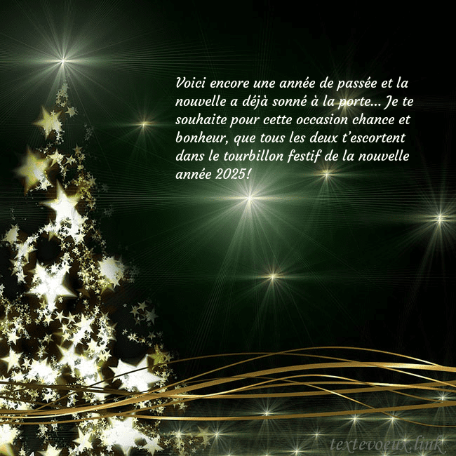 Une carte de Noël verte avec un sapin de Noël scintillant d'or Voici encore une année de passée et la nouvelle a Une carte de Noël verte avec un sapin de Noël scintillant d'or