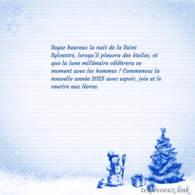 Carte postale du Nouvel An avec un arbre de Noël bleu et un bonhomme de neige Soyez heureux la nuit de la Saint Sylvestre, lorsq Carte postale du Nouvel An avec un arbre de Noël bleu et un bonhomme de neige
